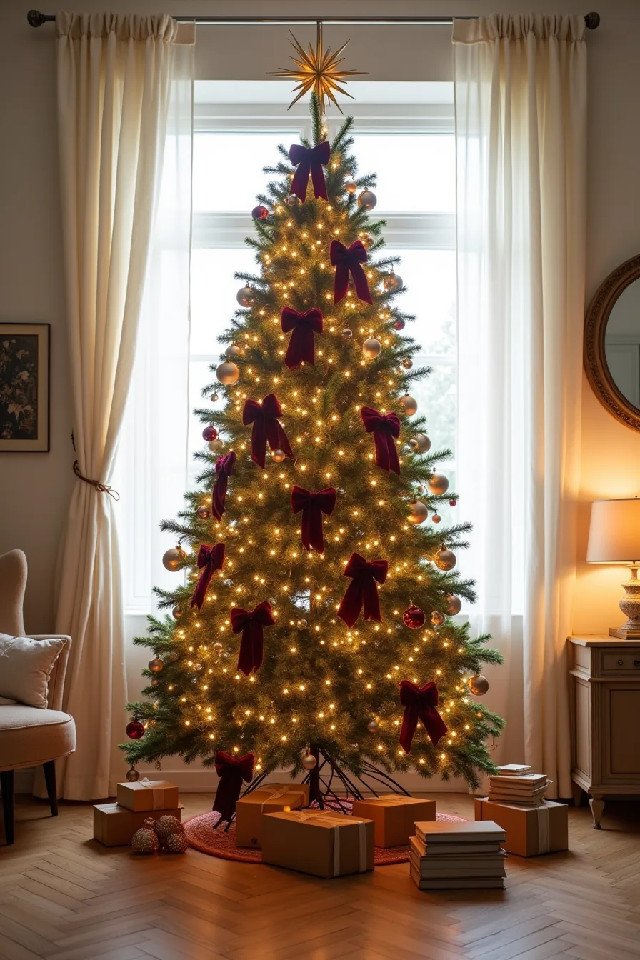 Fully decorated Christmas tree with metallic ornaments, warm white lights, burgundy velvet bows, and gold star on top.