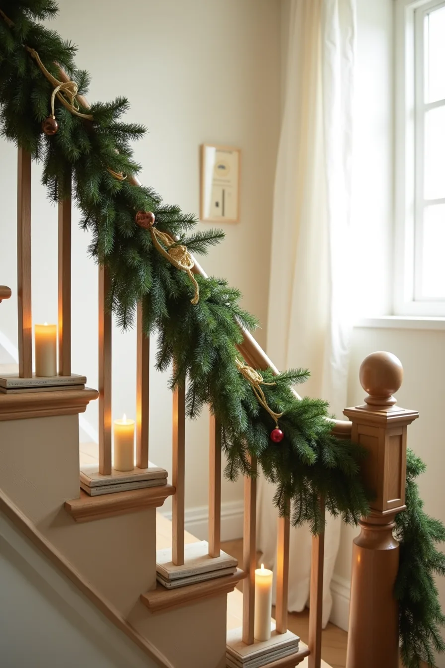 Wooden staircase bannister wrapped in swooped evergreen garland with gold ribbon, cream candles on alternating steps.