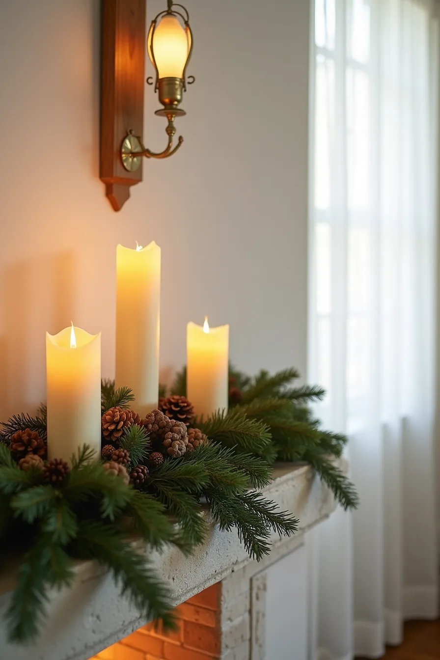 Stone mantel with conifer garland, staggered cream taper candles, pinecones, and wooden box ornament glowing in fireplace