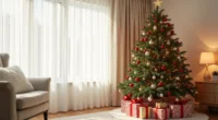 A full Christmas tree decorated with red, gold, and silver ornaments stands indoors with wrapped gifts at its base and warm