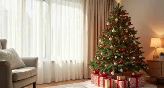 A full Christmas tree decorated with red, gold, and silver ornaments stands indoors with wrapped gifts at its base and warm