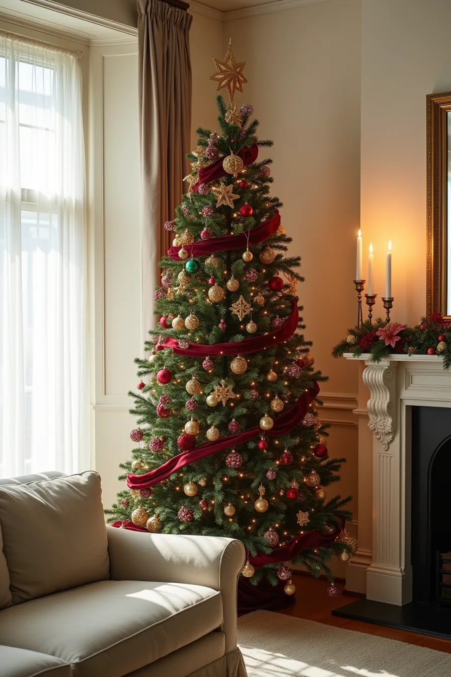 A formal Christmas tree with jewel-toned ornaments and draped velvet ribbons stands in a living room corner with a decorated