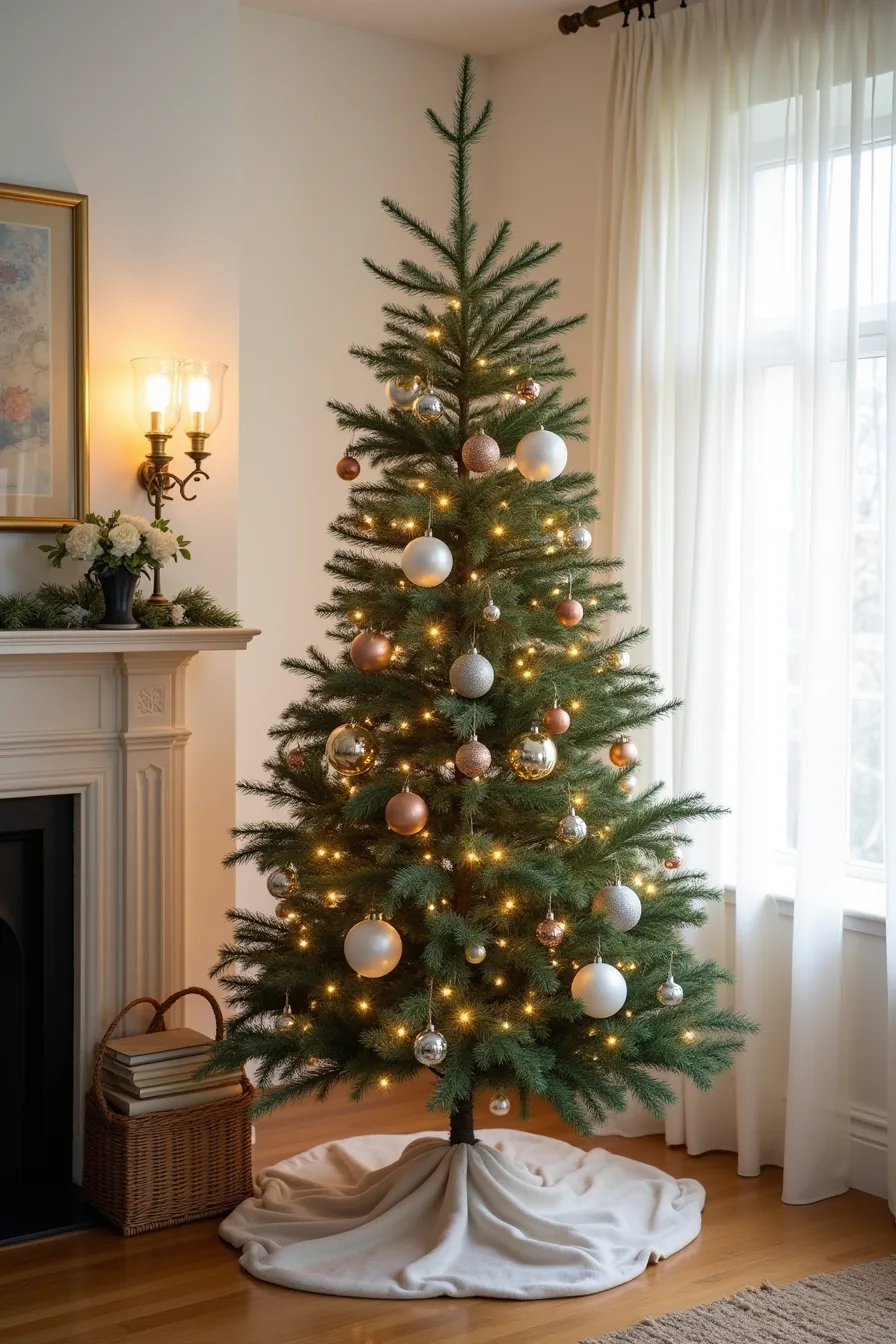 A Christmas tree displays mixed metallic ornaments in silver, gold, copper, and bronze with antique mercury-glass balls