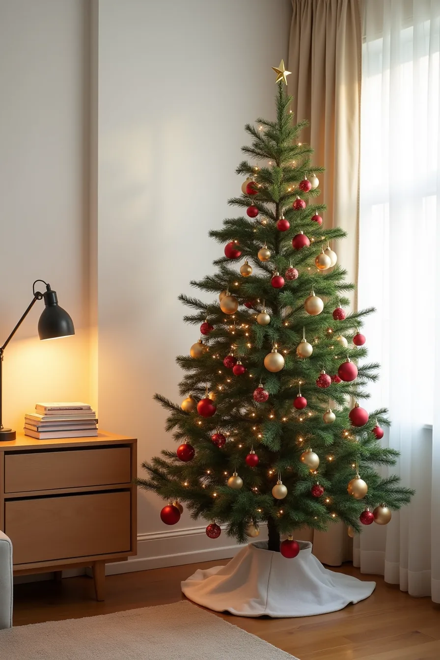 A small Christmas tree with alternating rows of red and gold matte ornaments and a gold star topper stands against a plain