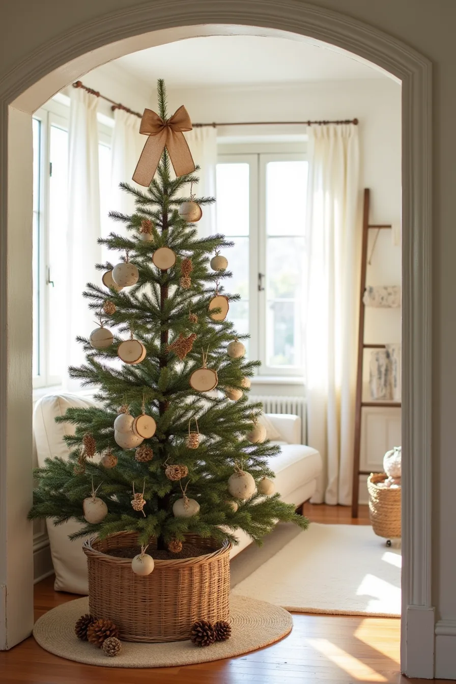 A rustic cottage-style tree features a burlap bow, wood slice ornaments, dried botanicals, and a woven basket of pinecones
