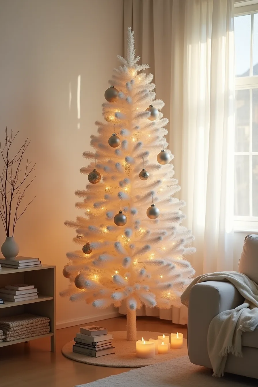 A small studio apartment tree features eight large cream and pearl statement ornaments with warm string lights and floor