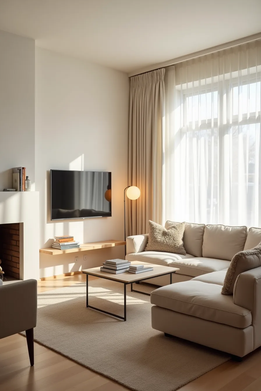 Angled sectional sofa positioned between a fireplace and TV with a coffee table and throw blanket nearby.