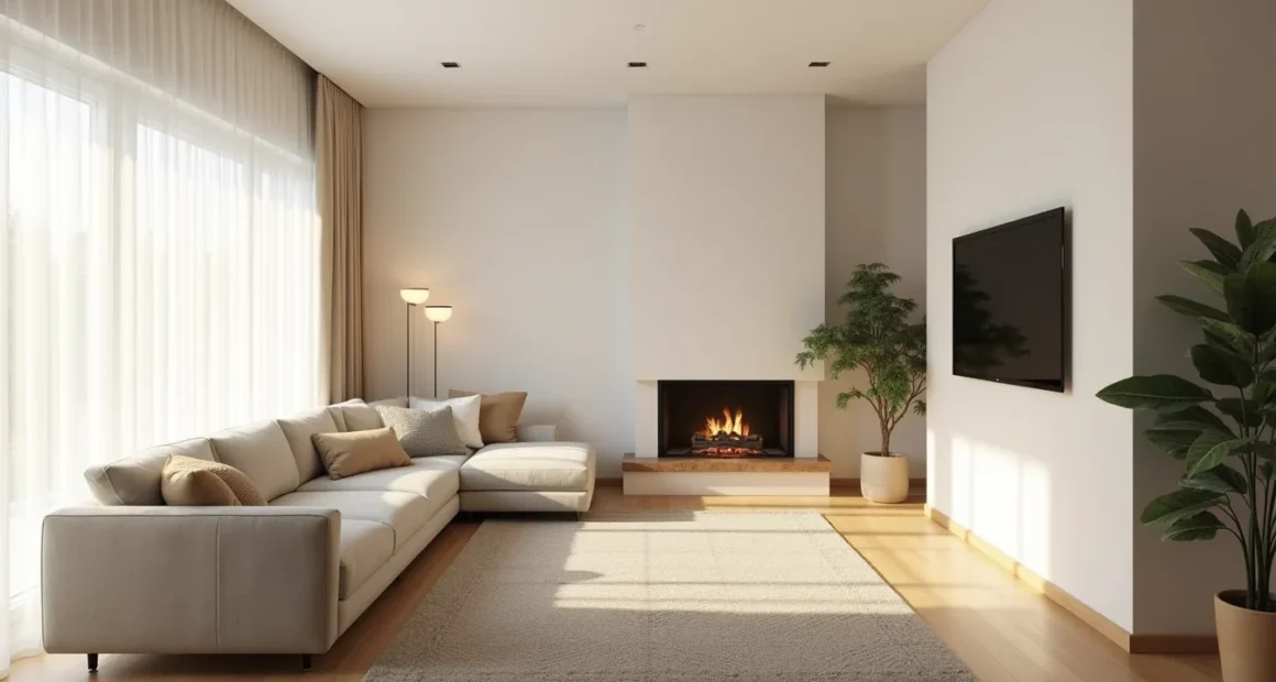 Fireplace and TV on adjacent walls with a sectional sofa angled between them in a corner living room setup.