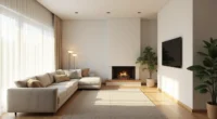 Fireplace and TV on adjacent walls with a sectional sofa angled between them in a corner living room setup.