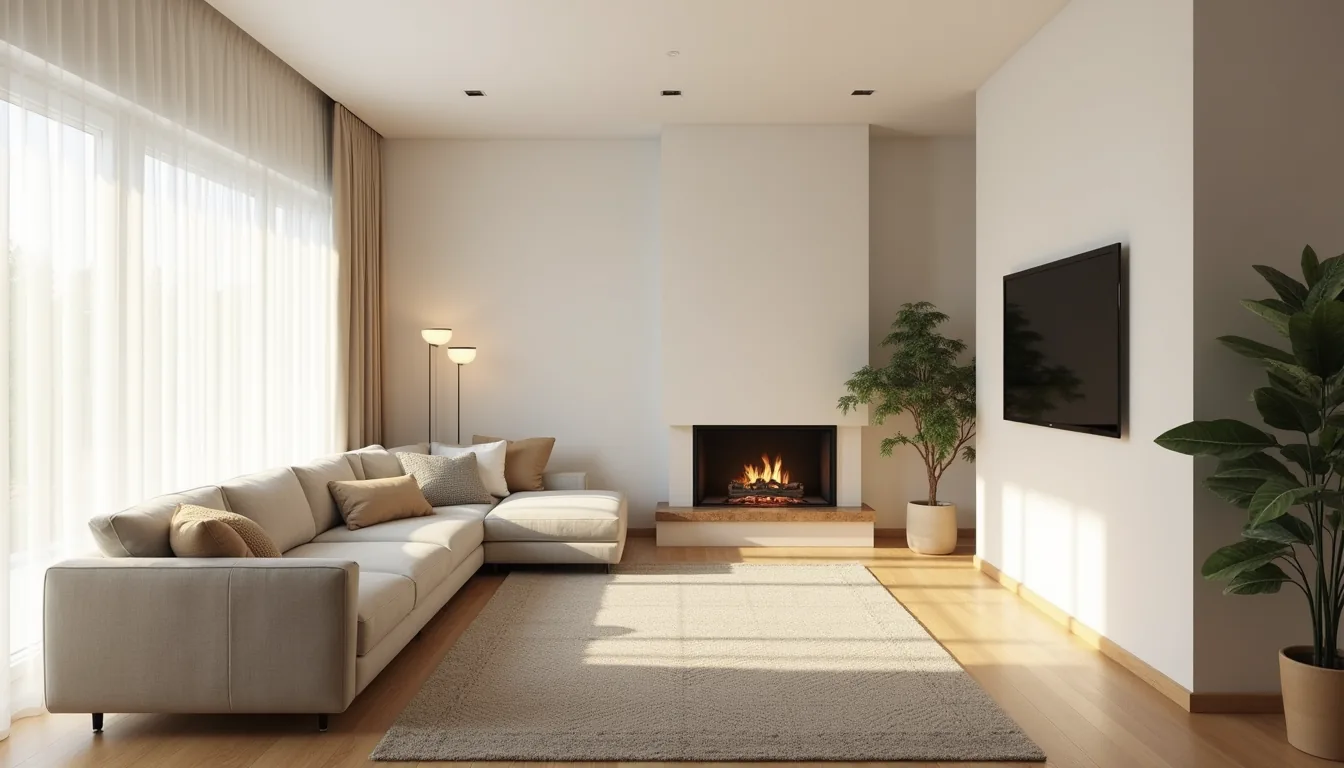 Fireplace and TV on adjacent walls with a sectional sofa angled between them in a corner living room setup.