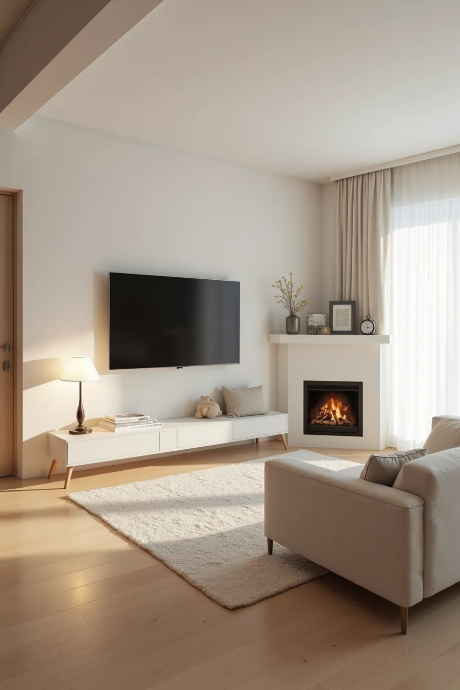 Large TV dominates the main wall while a smaller fireplace sits off-center on an adjacent wall with sofa facing the