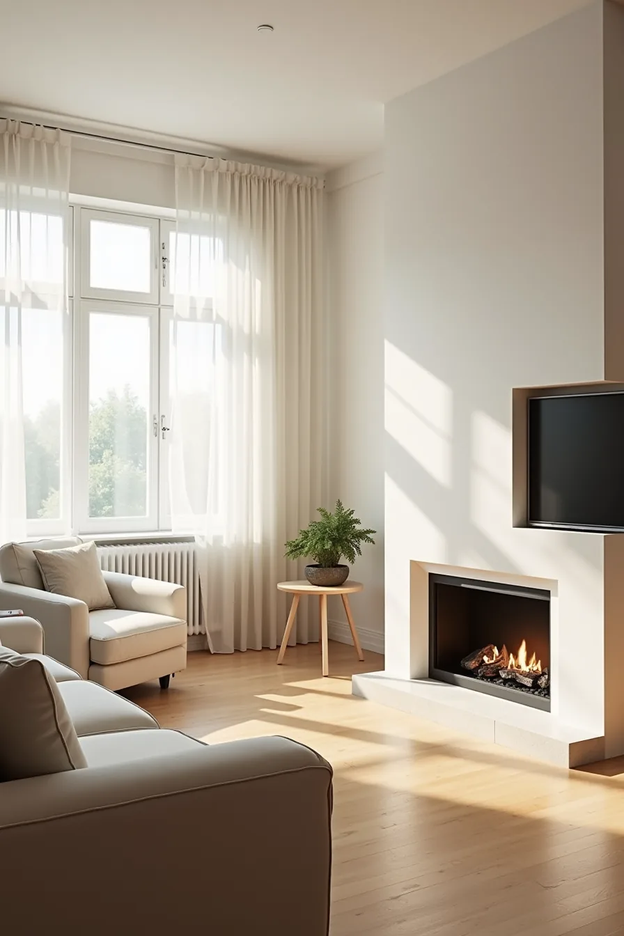 Sofa facing TV perpendicular to the wall while fireplace remains visible on an adjacent wall with side table and accent