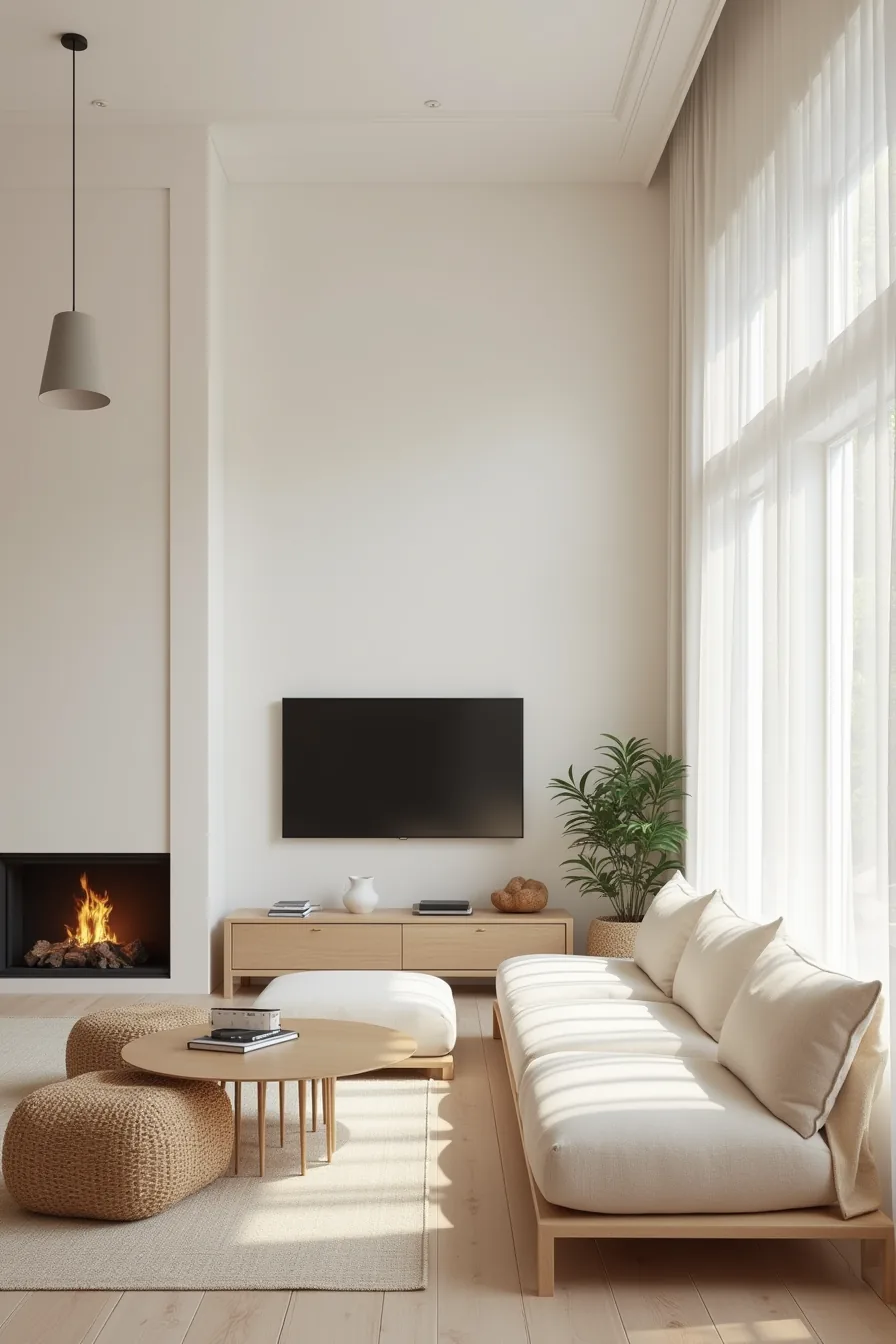 Three living room layouts of increasing size showing how fireplace and TV placement adapts from small apartment to large