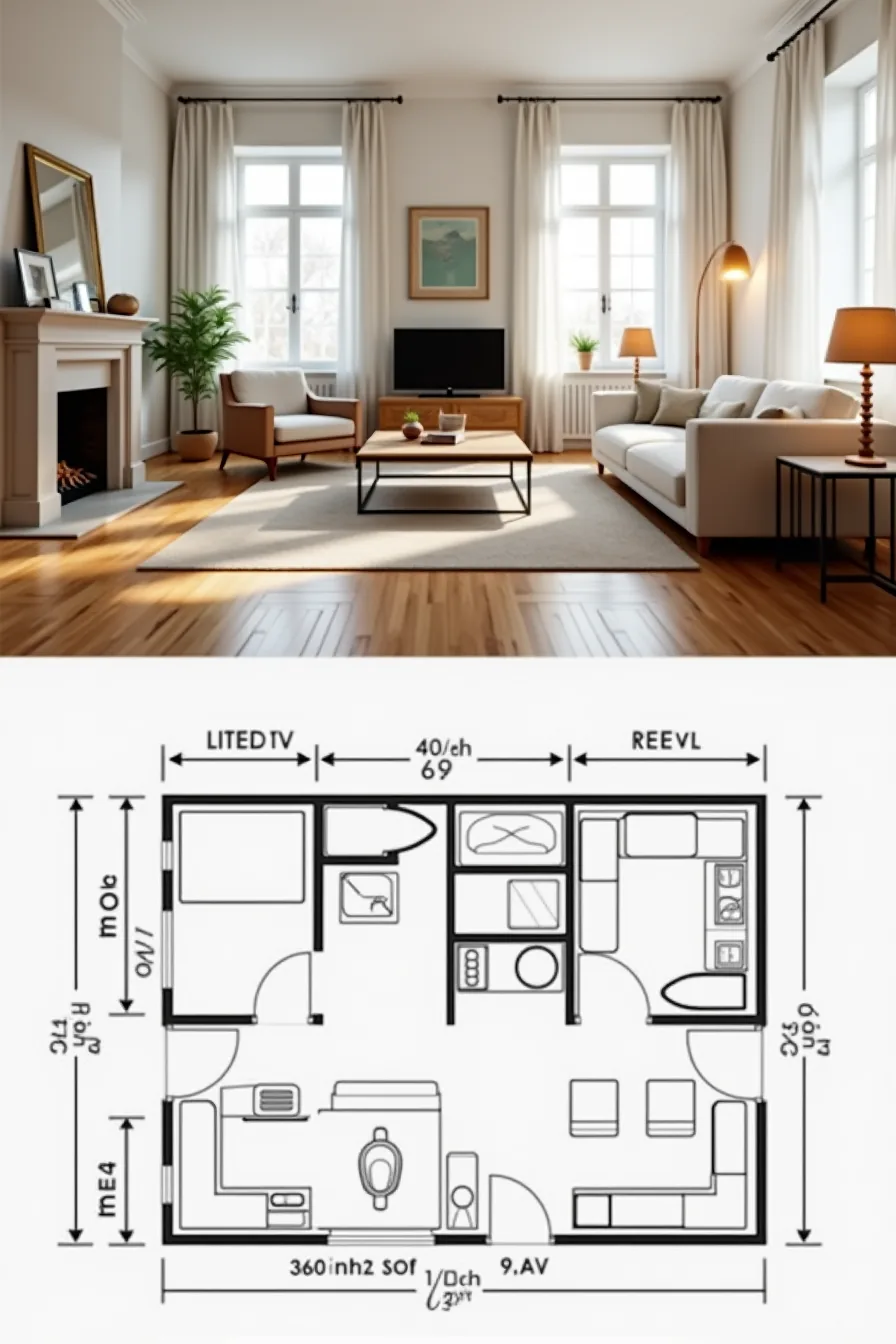 Floor plan diagram comparing two sofa arrangements with fireplace and TV on opposite walls, including measurement lines.