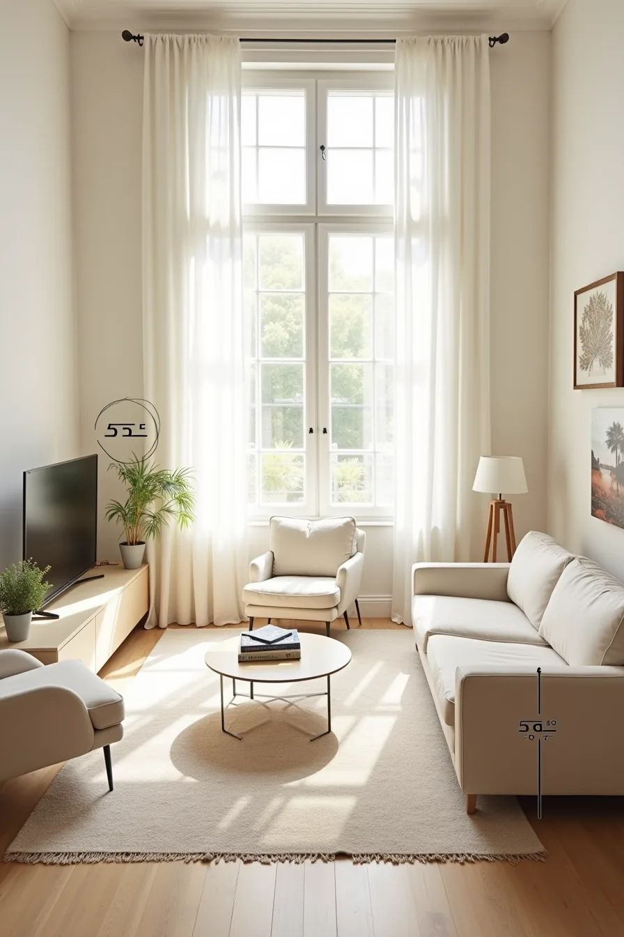 Three different sofa arrangements shown from above with measurement lines indicating distances to TV and fireplace clearance.