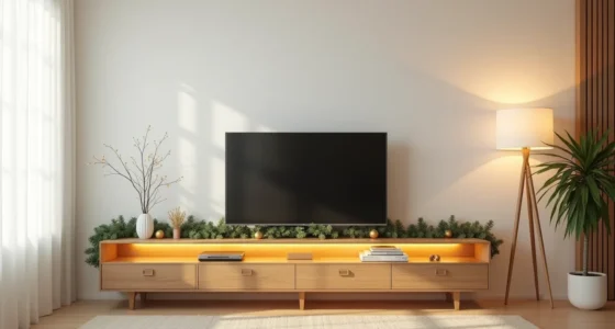 Wooden TV stand decorated with draped garland, gold ornaments, and warm LED lighting beneath.