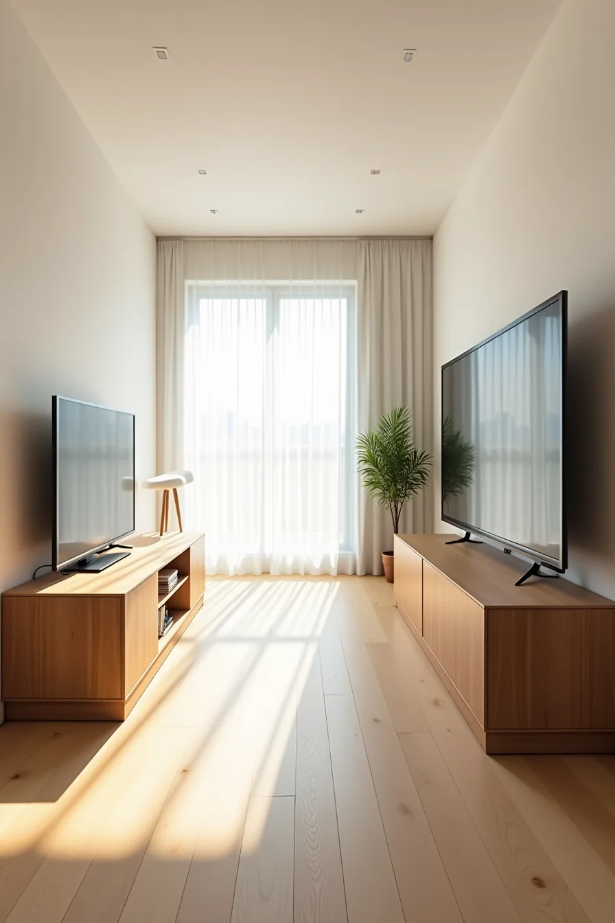 Side-by-side comparison of a low wooden console and tall media tower, each holding the same size television in a living room.