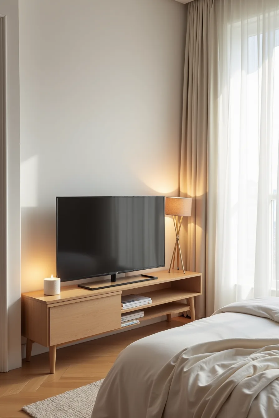 Slim vertical TV stand fitted into a tight apartment corner beside a narrow console table with minimal wall clearance.