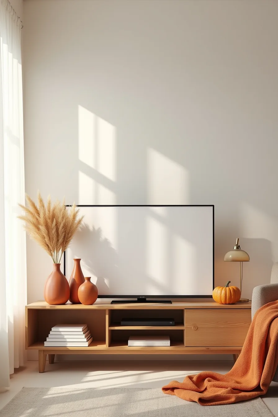 TV stand decorated with autumn-themed ceramic vessels, dried grass, wooden pumpkin, and warm fabric backdrop.