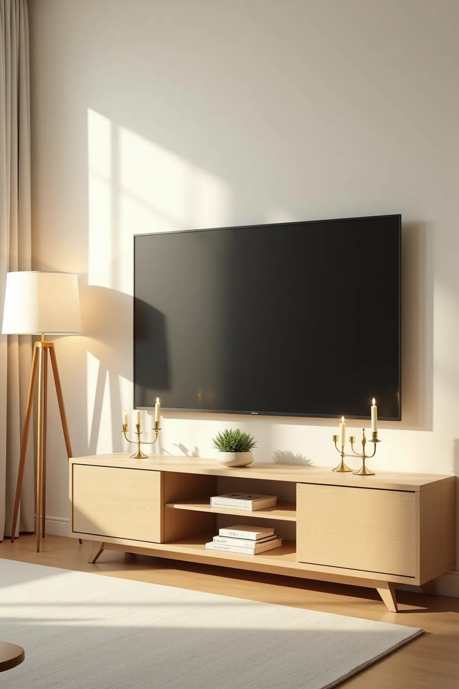 Light oak TV stand with brass candlesticks on either side of a mounted TV and a potted succulent between them.