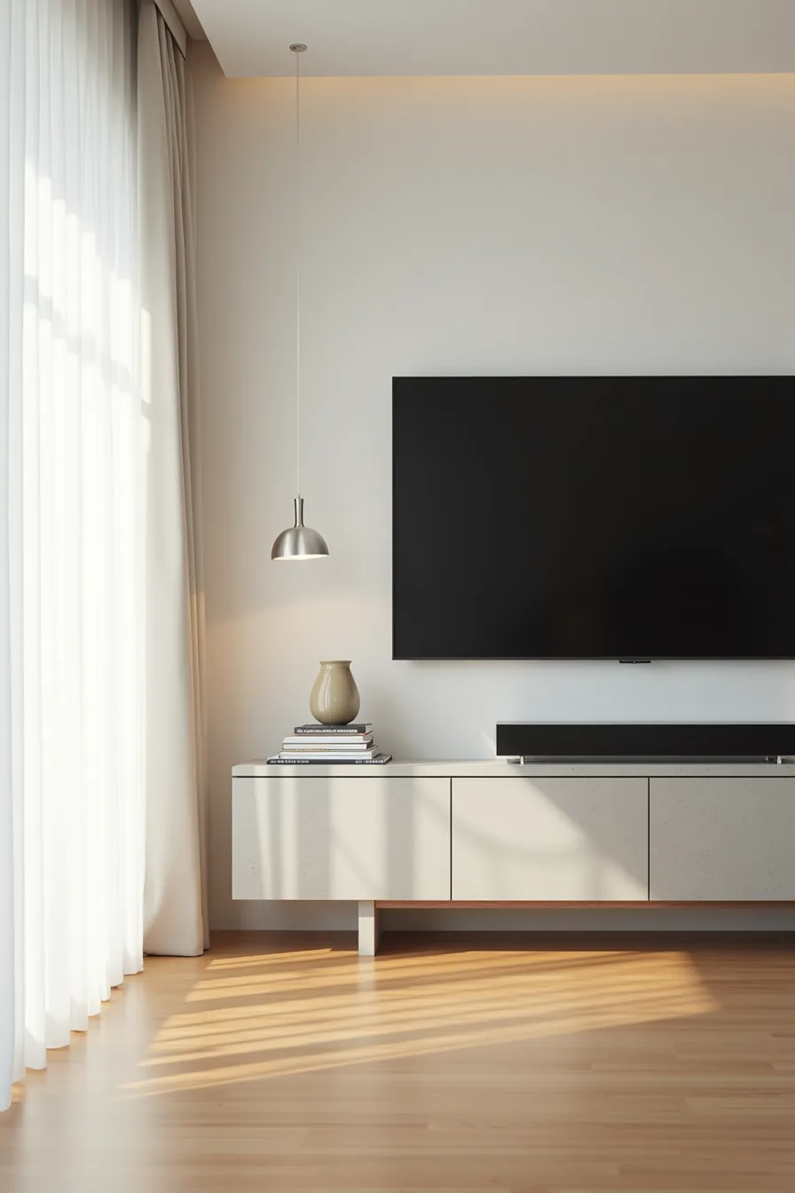 Minimalist gray concrete TV stand with a single glass vessel and mostly empty surface beneath a black TV.