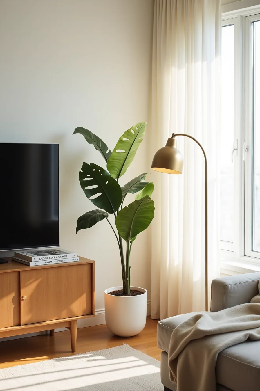 Side-by-side comparison of a potted fiddle leaf fig and a brass arc lamp as styling options beside a TV stand.