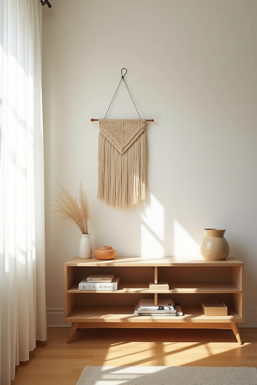 Particle-board TV stand styled with removable hooks, woven wall hanging, ceramic pitcher, and wooden box.