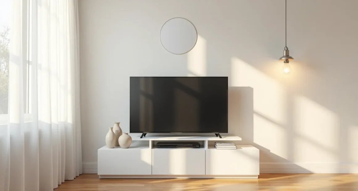 White TV stand with matching ceramic vases flanking a flat-screen TV and a centered framed mirror above.