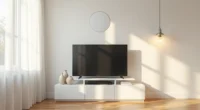 White TV stand with matching ceramic vases flanking a flat-screen TV and a centered framed mirror above.