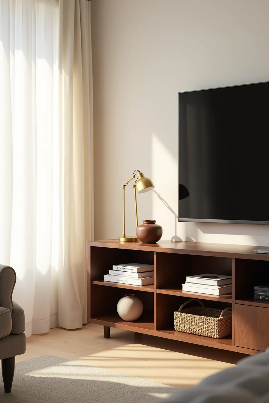 Dark walnut TV stand displaying brass candlestick, ceramic box, and woven basket in varying heights below a TV.