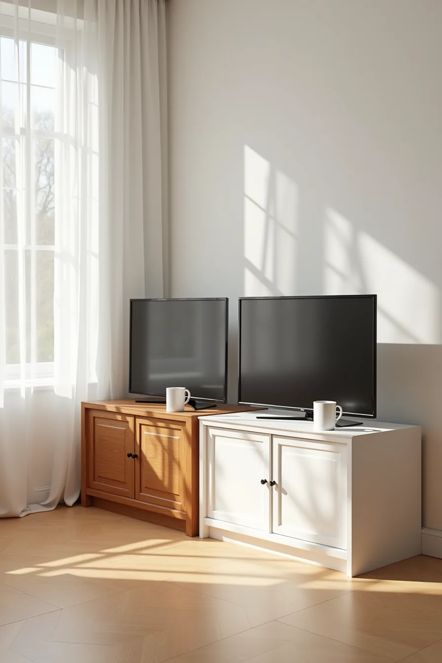 Two TV stands with different finishes—natural cherry wood grain on left, soft white paint on right—each holding a television