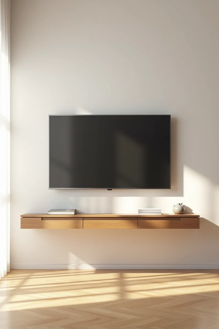 Floating wall-mounted TV stand with television bracket and completely clear floor space beneath, cables hidden in wall.