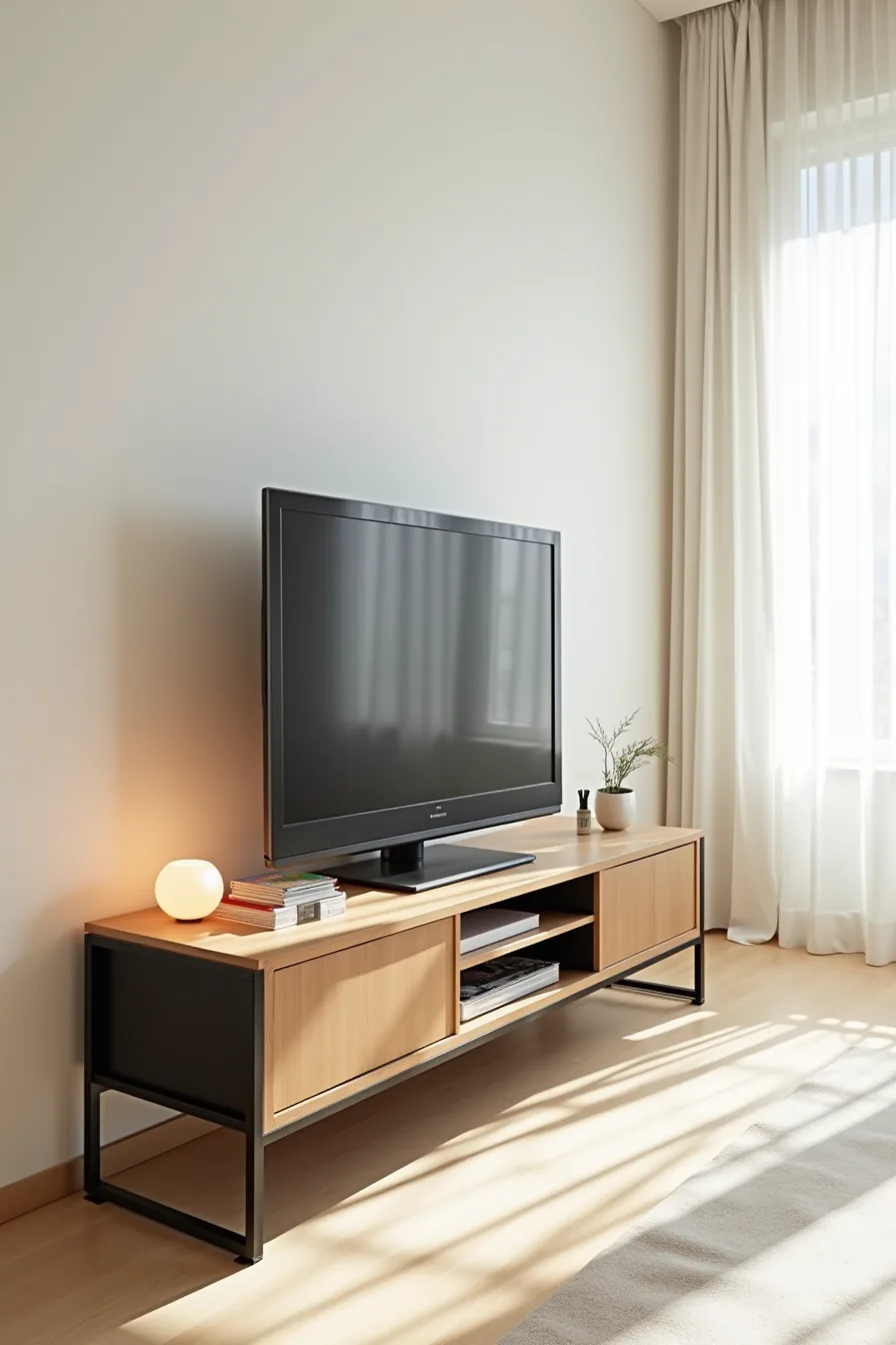 Matte black metal TV stand with light oak top, television, potted plant, and decorative object on lower shelf.