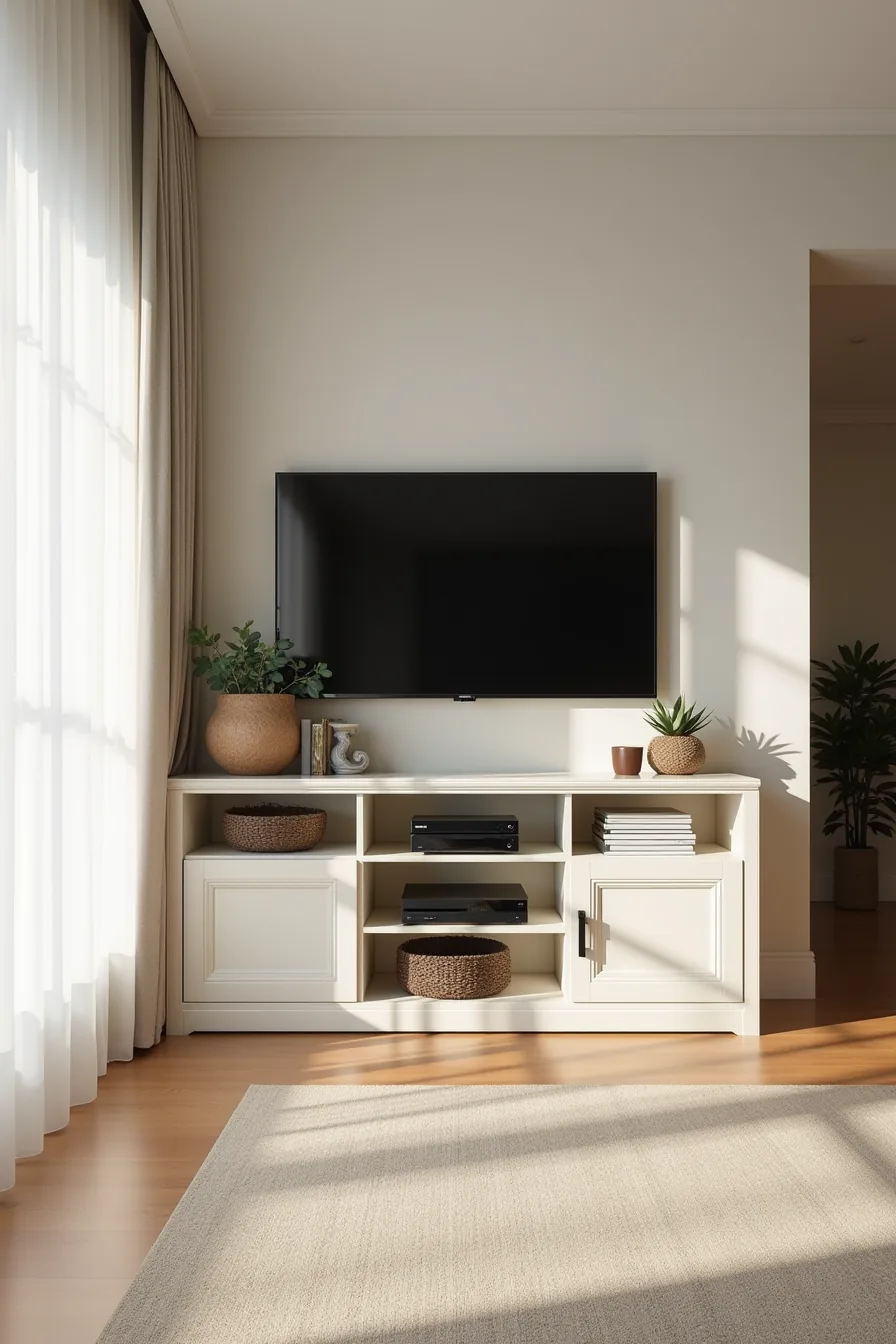 Side-by-side comparison of TV stand storage: open shelves displaying electronics and baskets versus closed cabinet doors.
