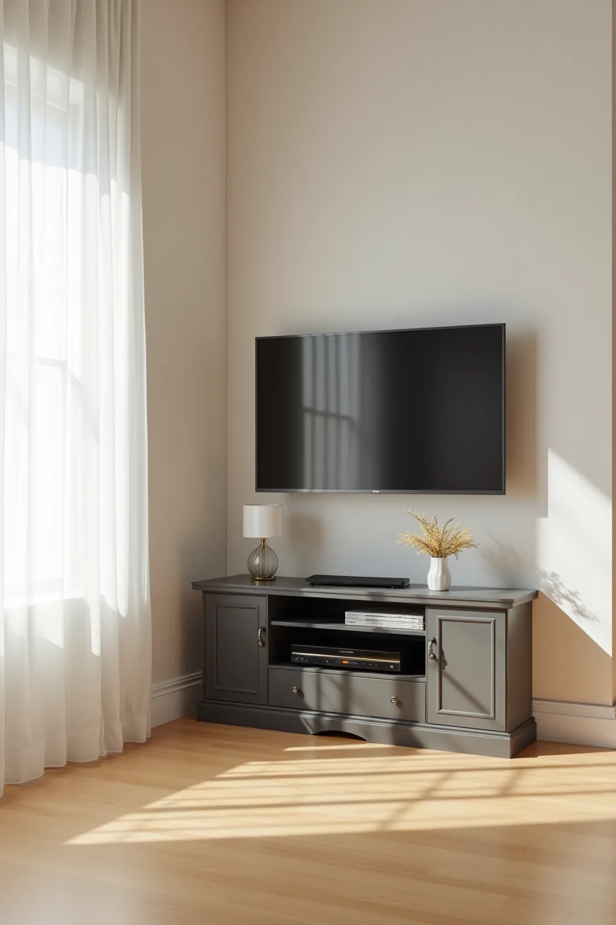 Tall narrow dark gray TV stand with television on top and two shelves below holding a media player and decorative item.