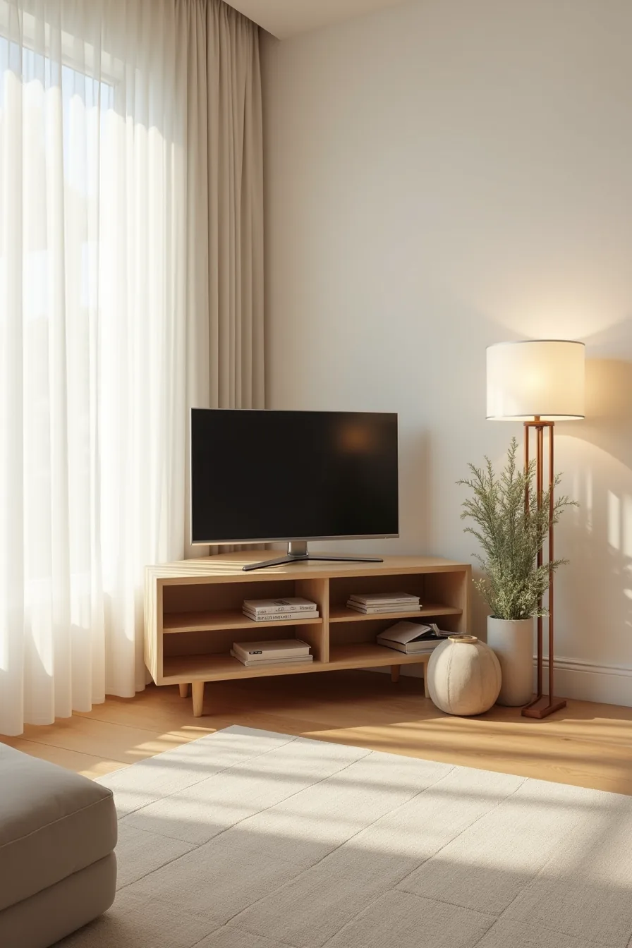Triangular TV stand positioned in room corner at 45-degree angle with television and shelves following the corner geometry.