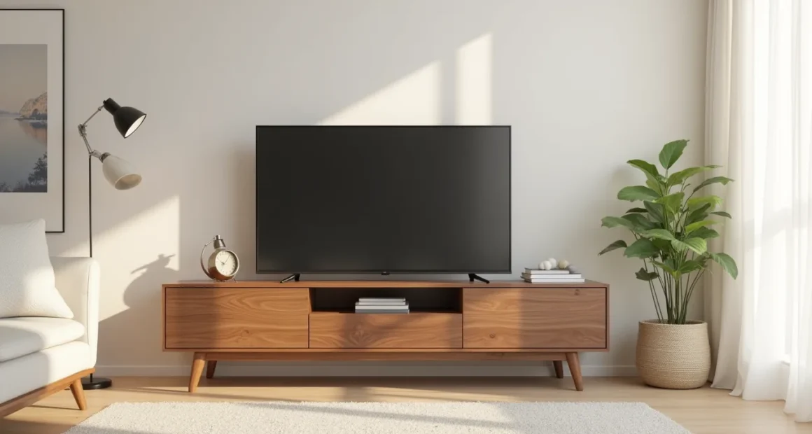 Walnut TV stand with centered flat-screen television against a neutral wall, emphasizing its low horizontal profile.