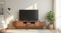 Walnut TV stand with centered flat-screen television against a neutral wall, emphasizing its low horizontal profile.
