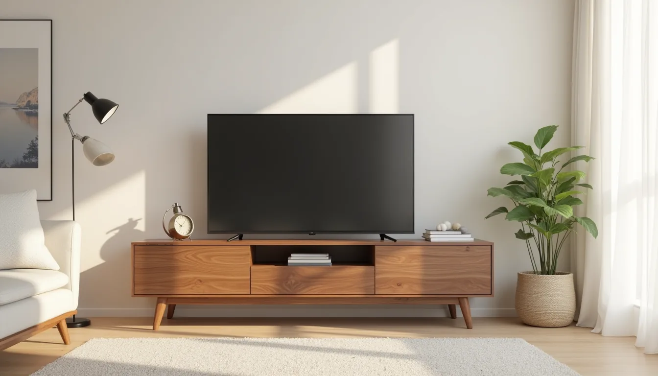 Walnut TV stand with centered flat-screen television against a neutral wall, emphasizing its low horizontal profile.