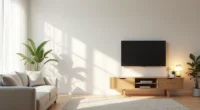 Two TV stand styles compared: a wall-mounted floating stand with hidden wiring and a wooden console with exposed cable