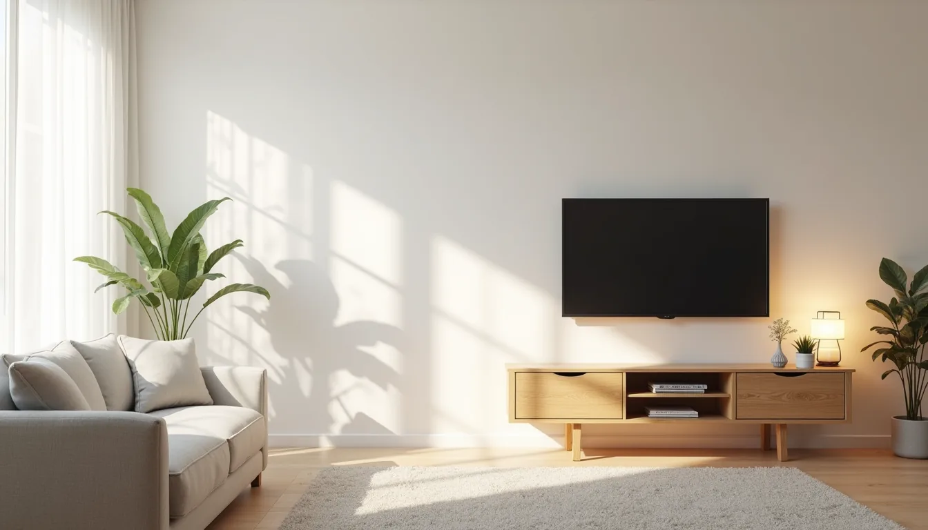 Two TV stand styles compared: a wall-mounted floating stand with hidden wiring and a wooden console with exposed cable
