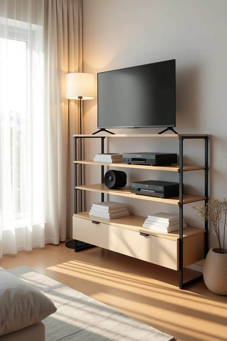 Open-frame shelving unit with metal supports and wood shelves displaying a TV and media equipment.