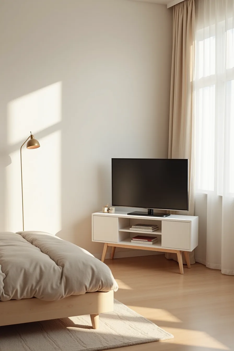 Compact TV stand in a narrow studio space with decorative accessories and a window visible in the background.