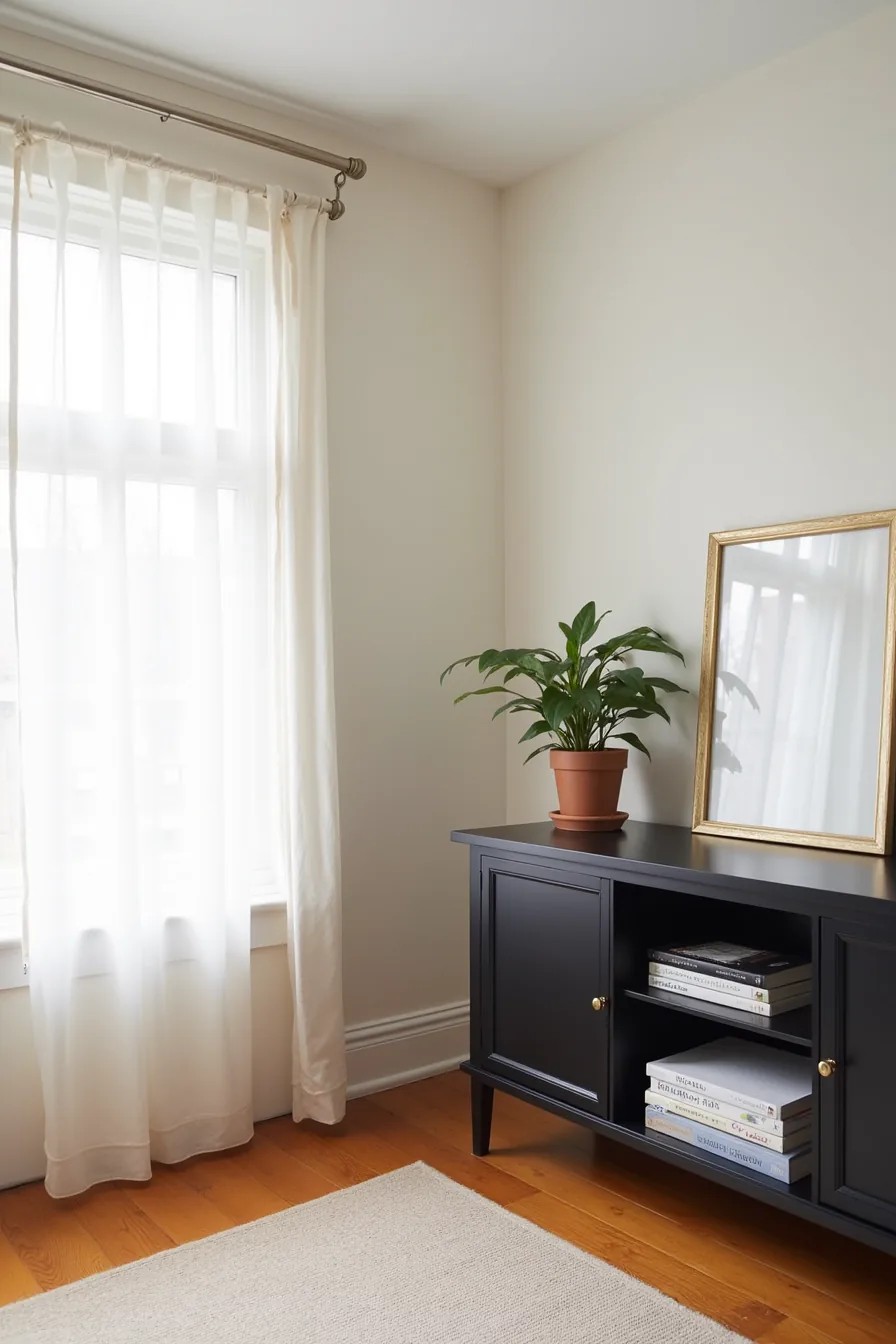 TV stand transformation from cluttered original to styled refresh with matte black paint, brass hardware, and organized