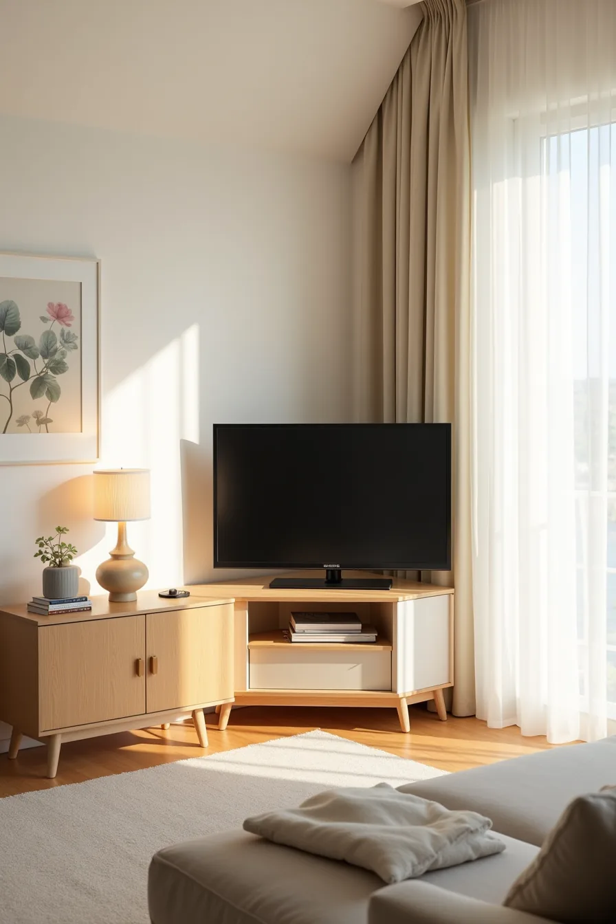 Angled corner TV stand with rotating base positioned beneath a sloped ceiling for optimal viewing flexibility.