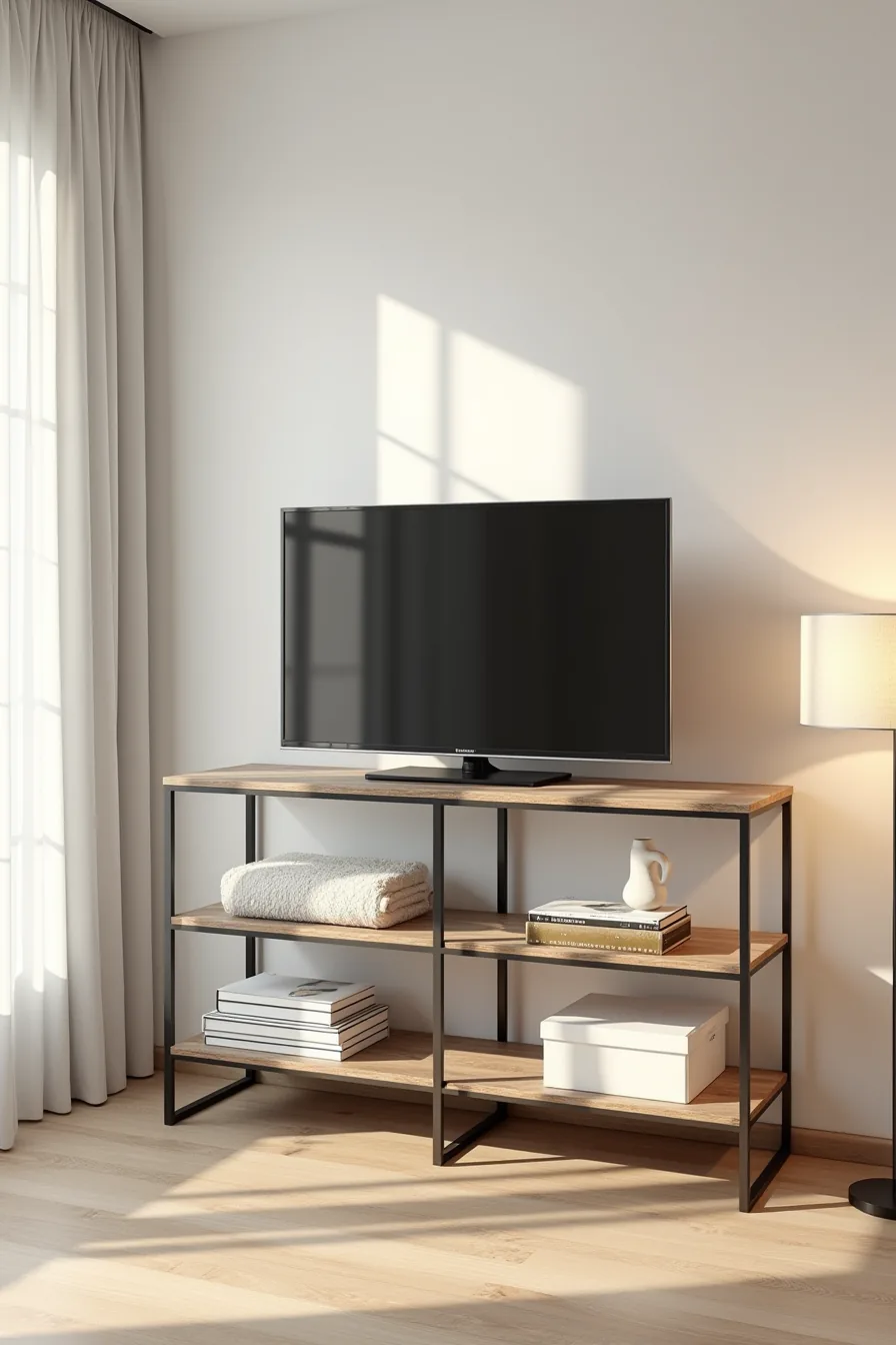 Metal-frame TV stand with three open shelves displaying sculptures, rolled blanket, and storage boxes beneath a television.