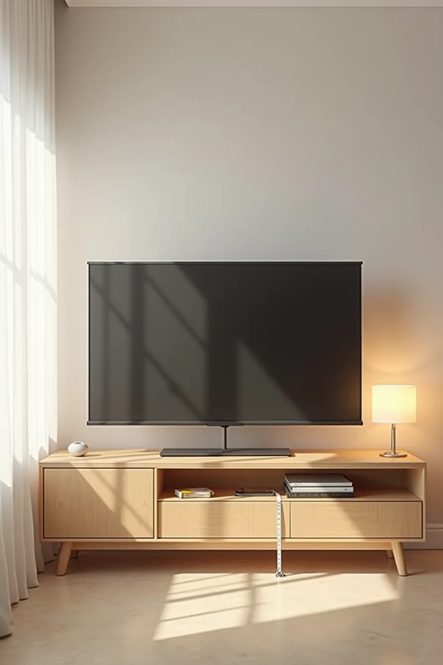 TV stand with oversized television, measuring tape showing width dimensions, and a leveling tool at the base for
