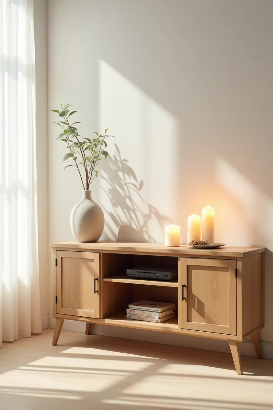 Wooden cabinet TV stand with closed doors slightly open to show bundled cables, a recessed TV niche, and a decorative object