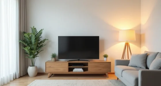 Wooden TV stand with flat-screen television, potted plant, and decorative objects, viewed from a sofa facing the display.