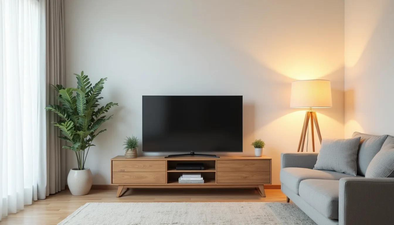 Wooden TV stand with flat-screen television, potted plant, and decorative objects, viewed from a sofa facing the display.